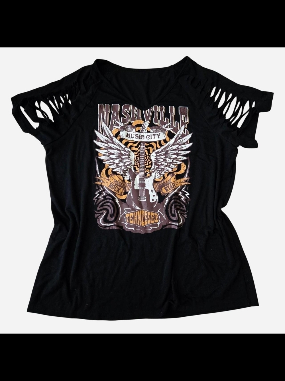 Nashville Music City Black Graphic Tee with Distressed Sleeve Detail